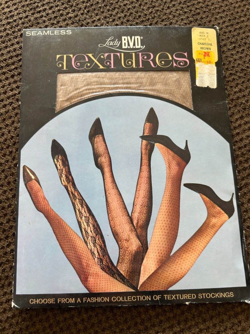 Lady BVD Textured Seamless Nylon Stockings Charcoal Brown Size 10 Vintage Hosier